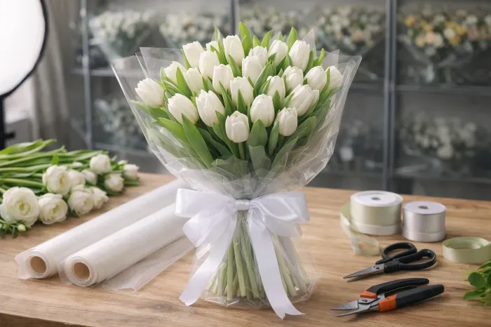 Прозрачная пленка для букетов: виды, фактуры и когда она лучше крафт-бумаги Прозрачная пленка для букетов: виды, фактуры и когда она лучше крафт-бумаги